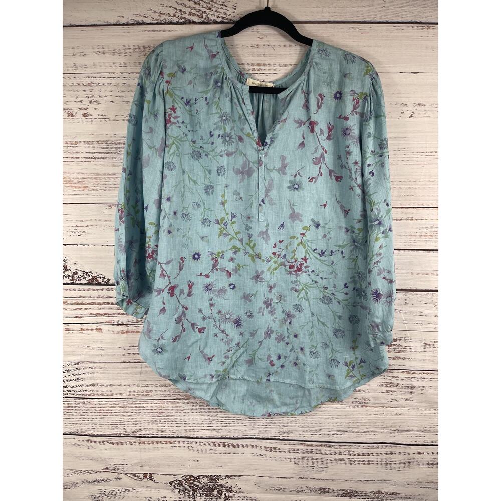 Sea Glass Lane Blouse Women's M Linen Tunic Top Long Sleeve Floral Made in US